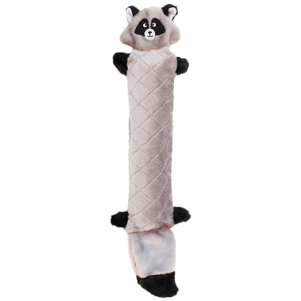 Zippy Paws Jigglerz plush raccoon dog toy with a long grey body and masked face, on white