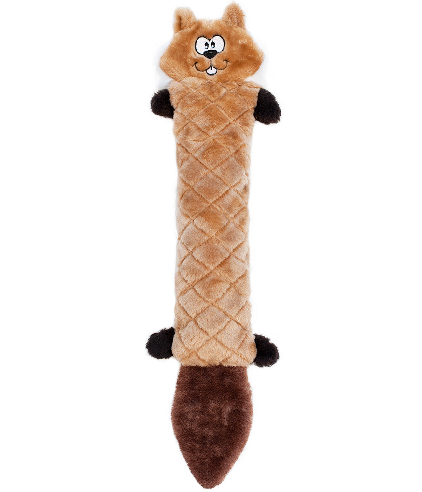 Zippy Paws Jigglerz plush chipmunk dog toy with a long quilted body, on a white background