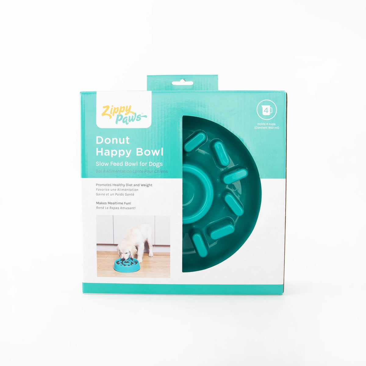 Zippy Paws Donut Happy Bowl slow feeder for dogs in its retail packaging