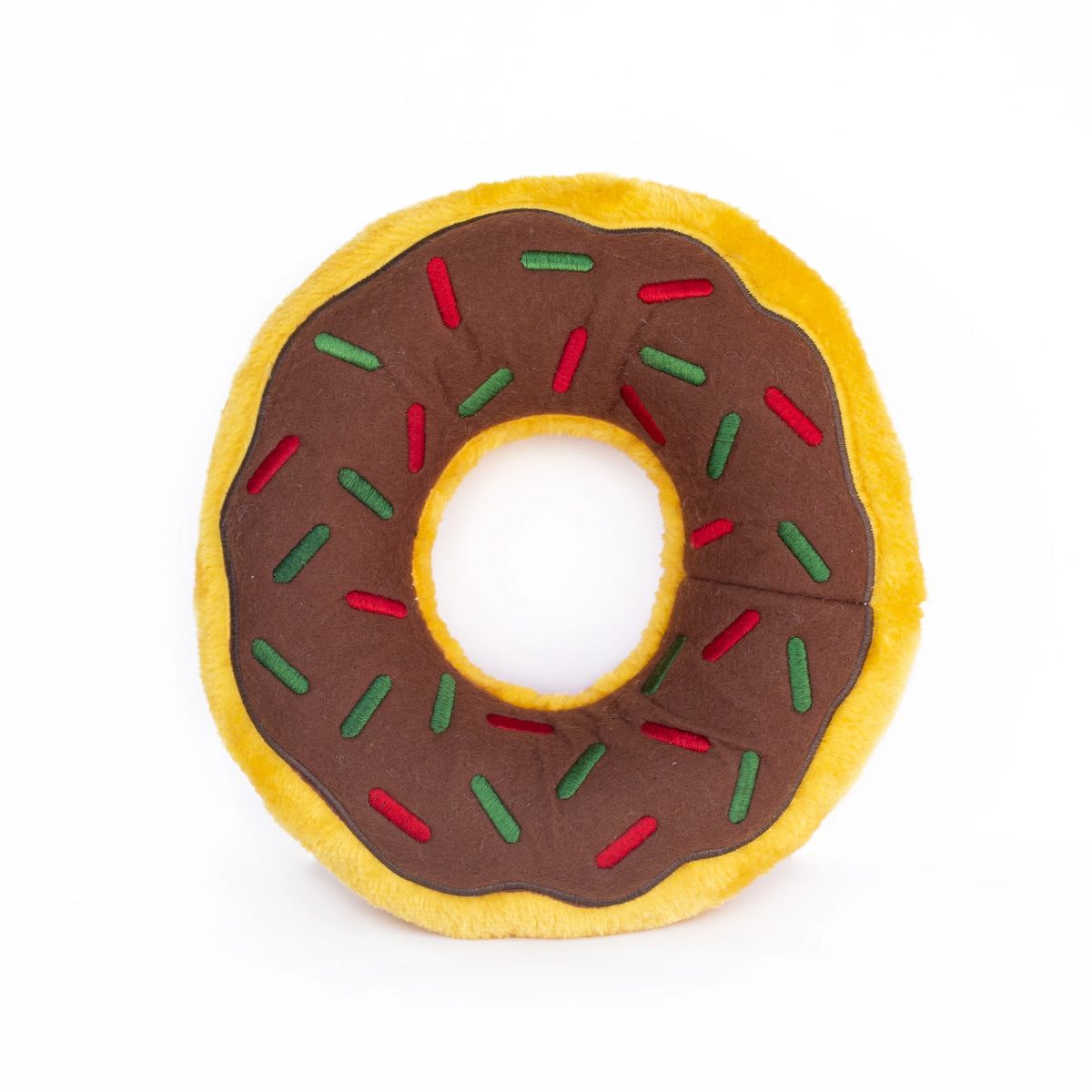 Zippy Paws Donutz Jumbo plush dog toy with gingerbread icing and red and green sprinkles