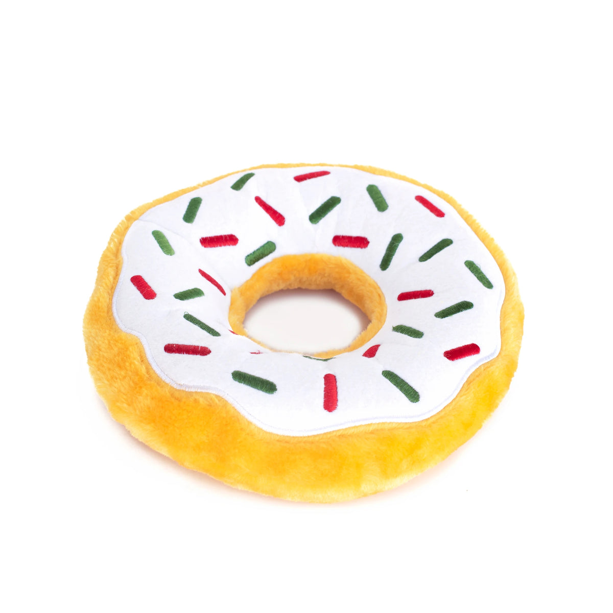 Zippy Paws Donutz Jumbo plush dog toy with peppermint icing, angled view showing its depth