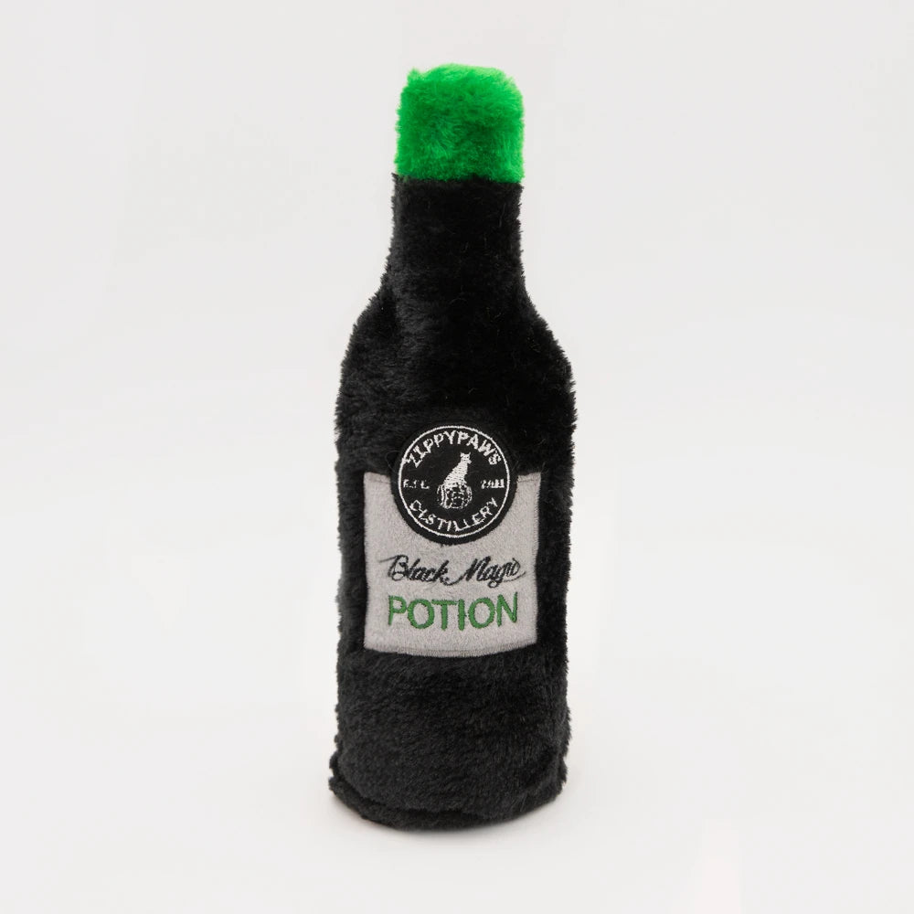 Zippy Paws Happy Hour Crusherz plush dog toy: a black Black Magic Potion bottle, on white
