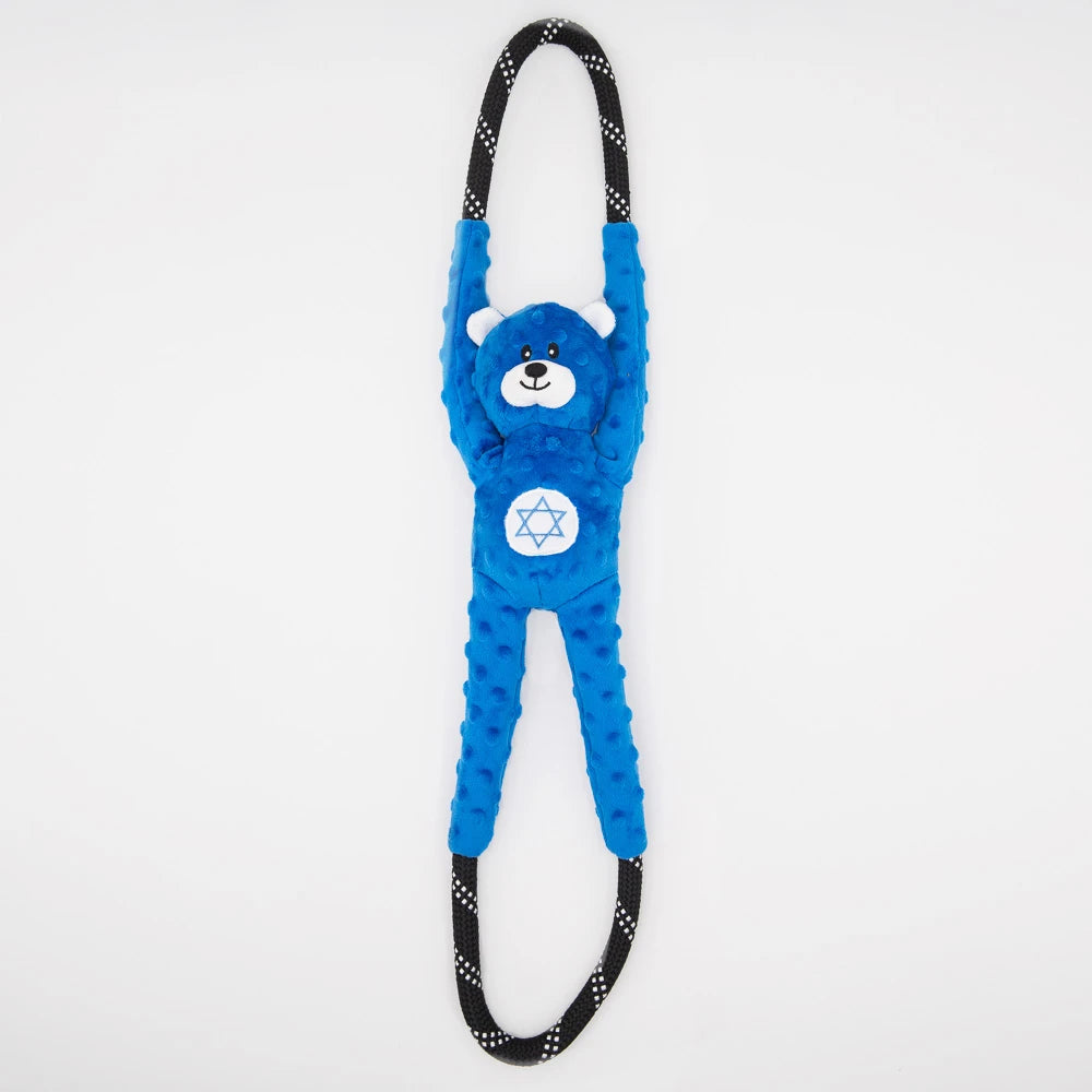 Zippy Paws RopeTugz dog toy: a blue plush Hanukkah bear on a black rope loop