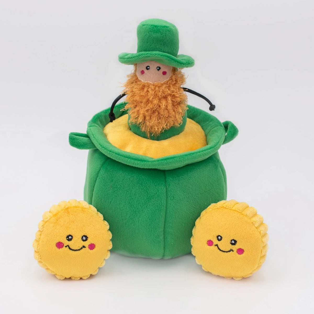 Zippy Paws Burrow plush dog toy: a pot of gold with a squeaky leprechaun and coins