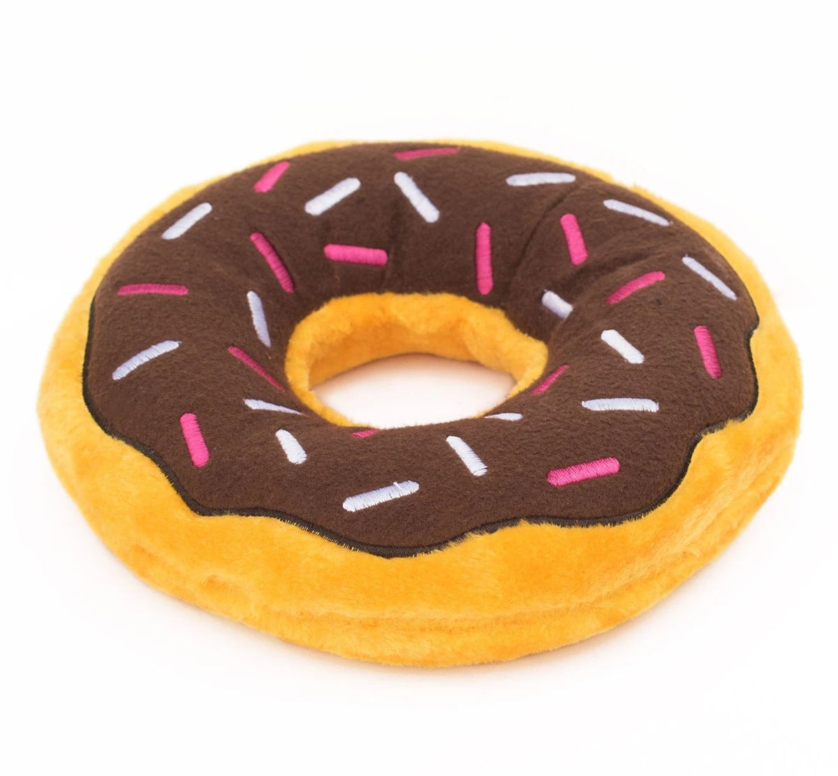 Zippy Paws Donutz Jumbo plush dog toy with chocolate icing, angled view showing its depth