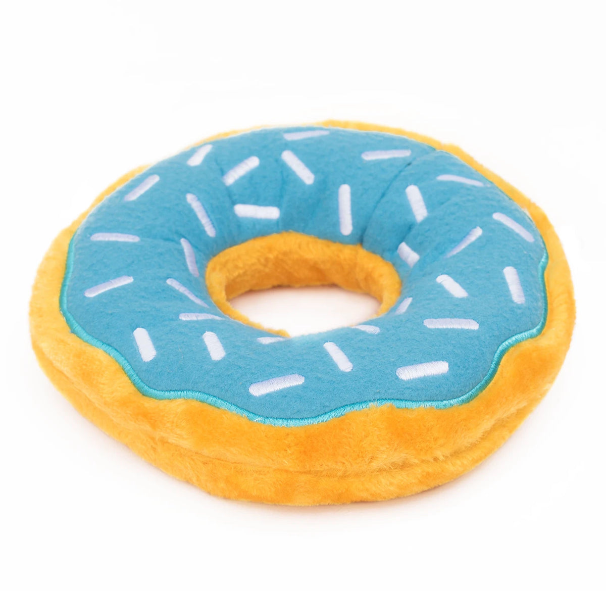 Zippy Paws Donutz Jumbo plush dog toy with blueberry icing, angled view showing its depth