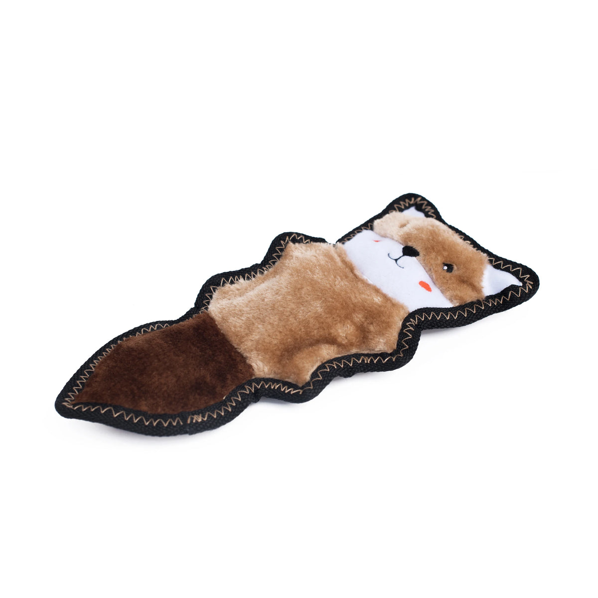 Zippy Paws Skinny Peltz plush chipmunk dog toy laid at an angle, on a white background