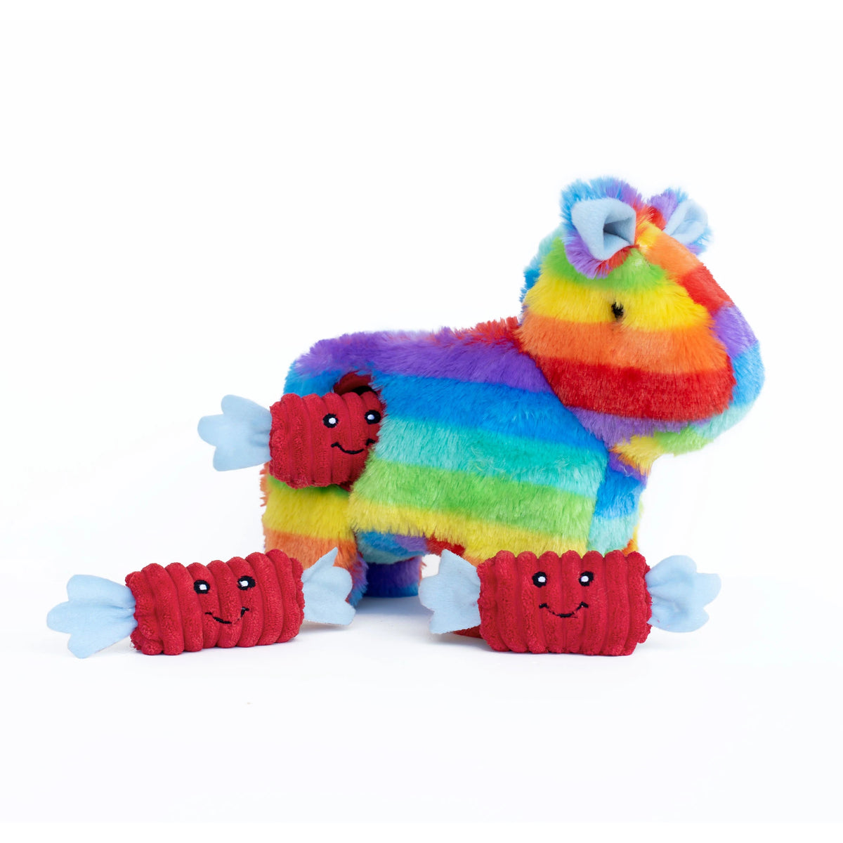 Zippy Paws Burrow plush dog toy: a rainbow pinata donkey with squeaky lollies