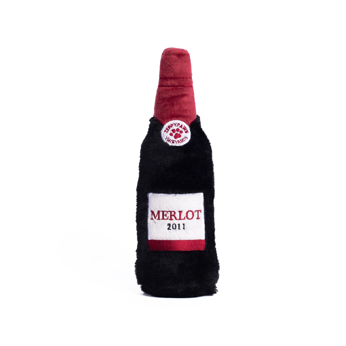 Zippy Paws Happy Hour Crusherz plush dog toy shaped as a Merlot wine bottle, on white