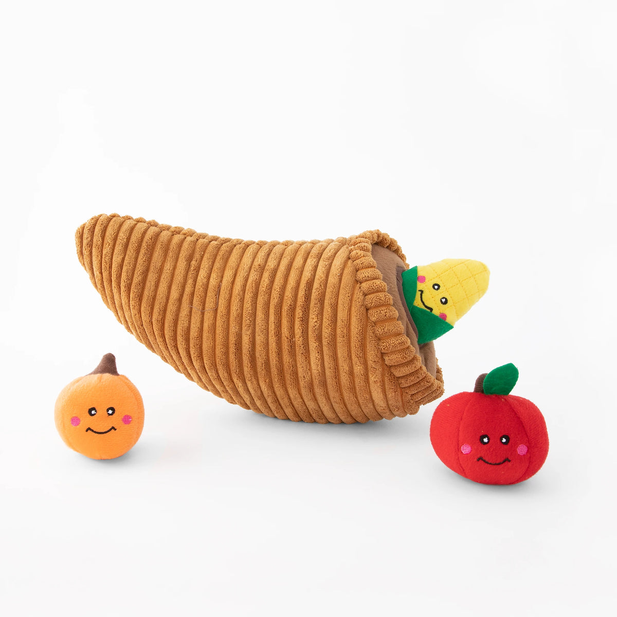 Zippy Paws Burrow plush dog toy: a cornucopia horn with squeaky pumpkin, corn and apple