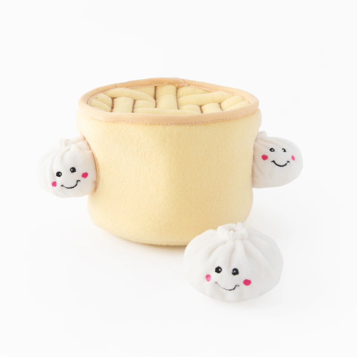 Zippy Paws Burrow plush dog toy: a bamboo steamer basket with squeaky dumplings