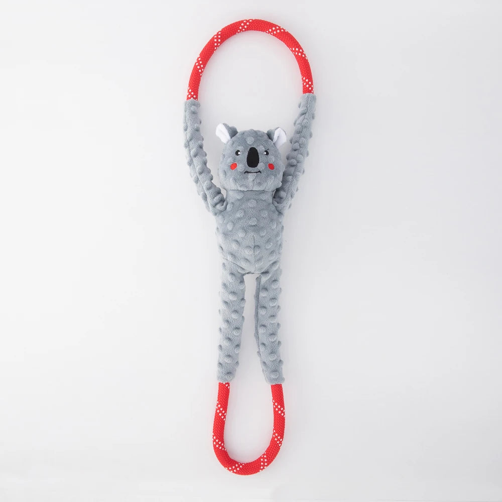 Zippy Paws RopeTugz dog toy: a grey plush koala on a red rope loop