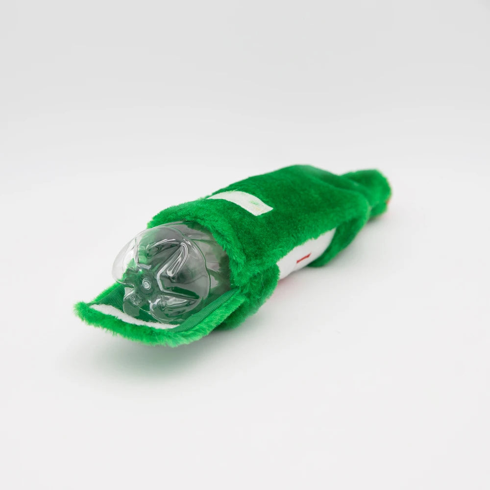 Lager Zippy Paws Happy Hour Crusherz plush toy in dark green, opened to show the crinkle bottle