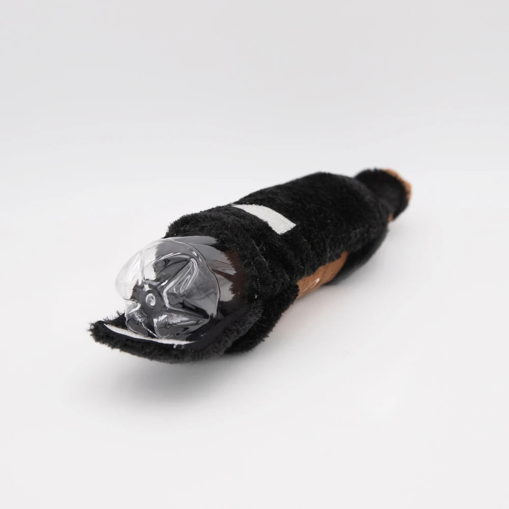 Stout Zippy Paws Happy Hour Crusherz plush toy in black and brown, opened to show the crinkle bottle