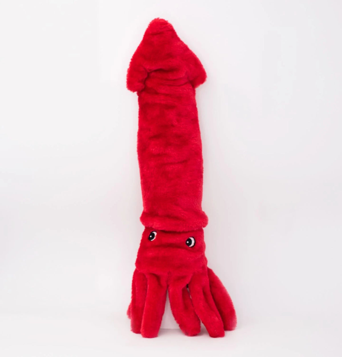 Zippy Paws Jigglerz plush red squid dog toy with dangling tentacles, on a white background