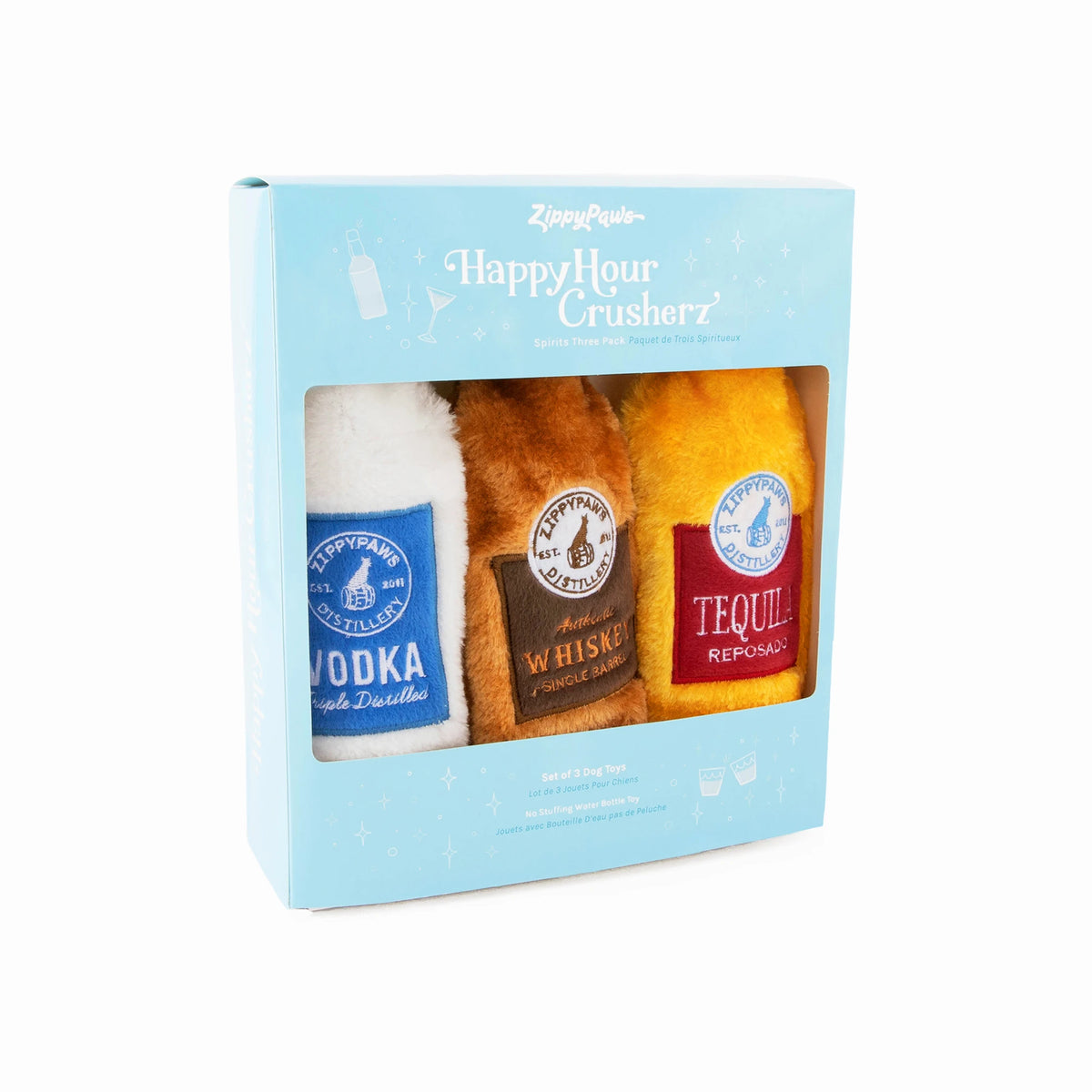 Angled view of the Zippy Paws Happy Hour Crusherz spirits three-pack gift box