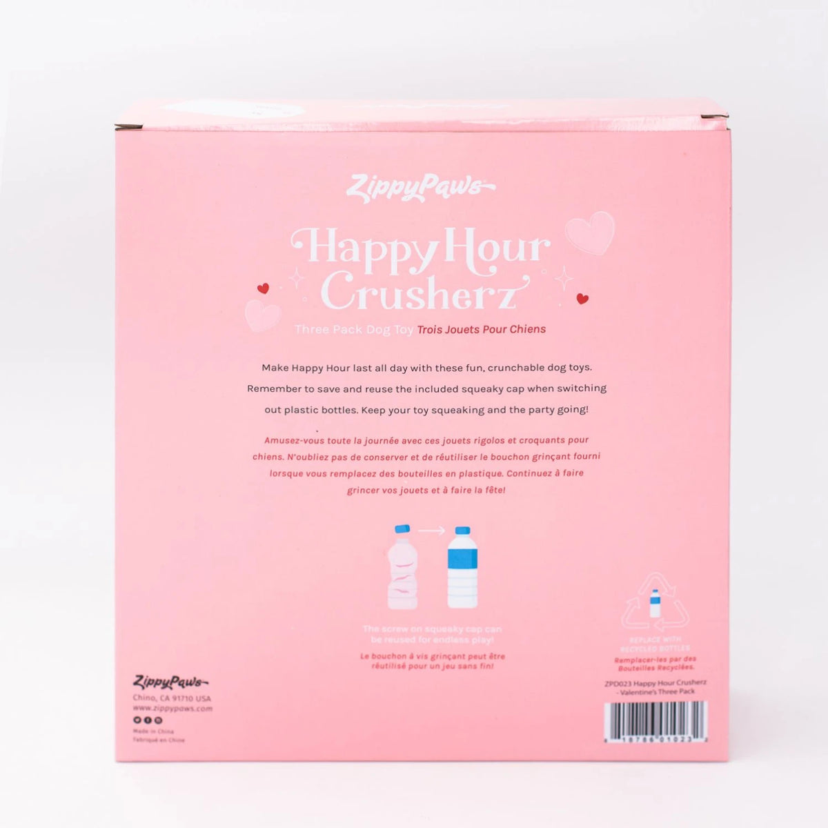 Back of the Zippy Paws Happy Hour Crusherz Valentine's three-pack gift box