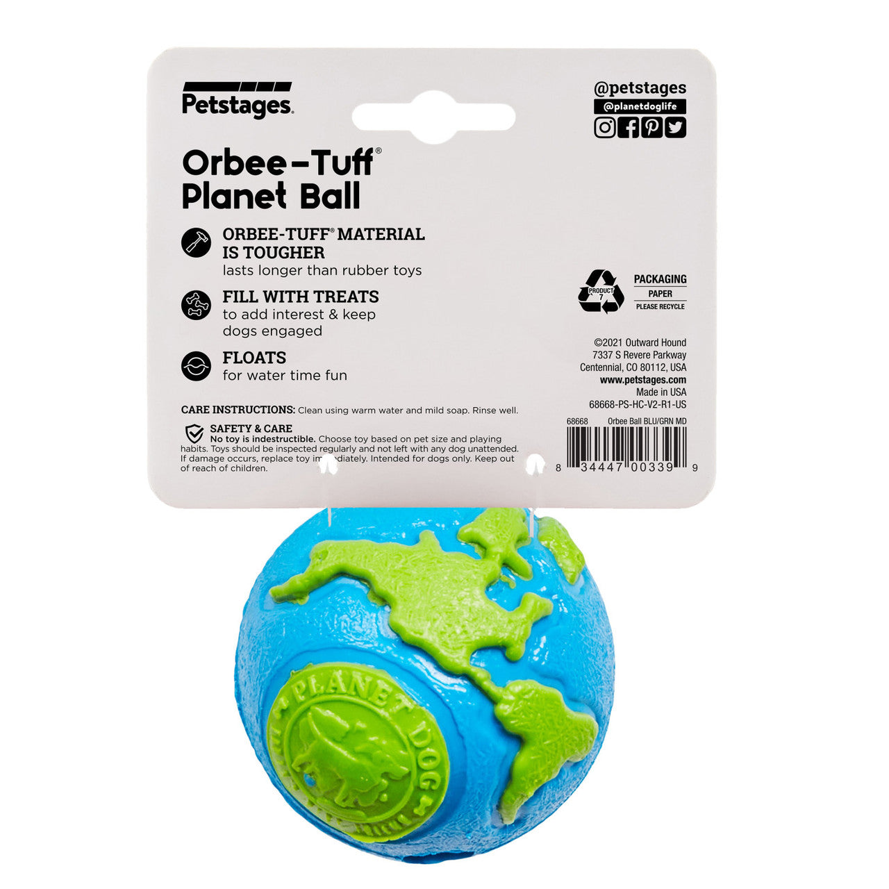 Planet Dog Orbee-Tuff Planet Ball Treat-Dispensing Dog Toy - Blue & Green by PeekAPaw