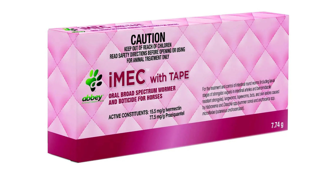 Abbey Animal Health iMEC with Tape oral wormer and boticide for horses 7.74g ā front of carton