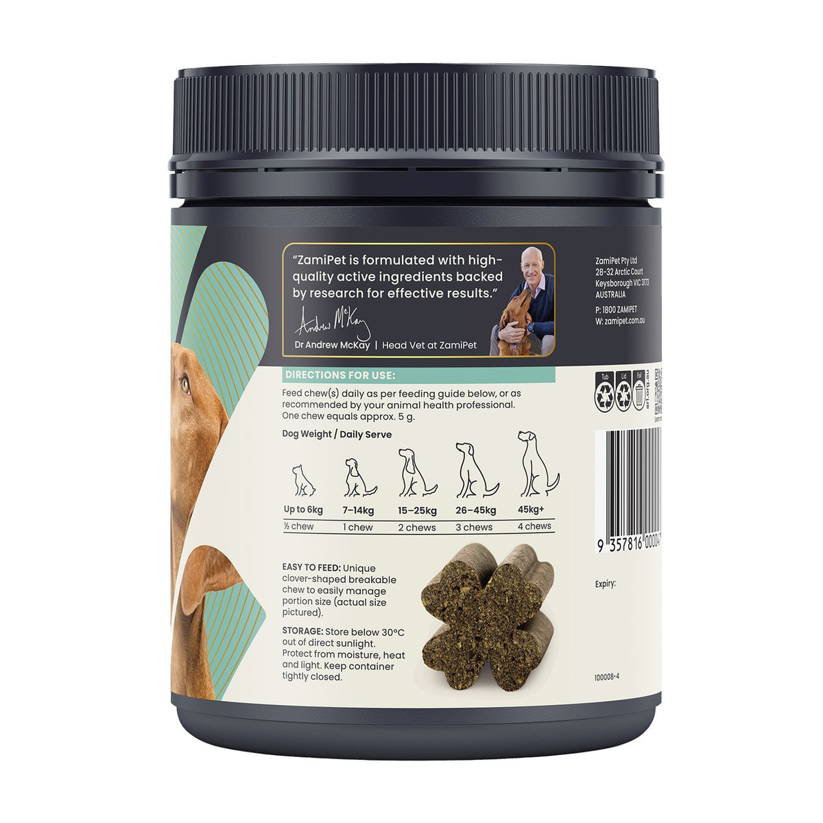 ZamiPet Complete Care Multi – back of tub with ingredients and feeding guide