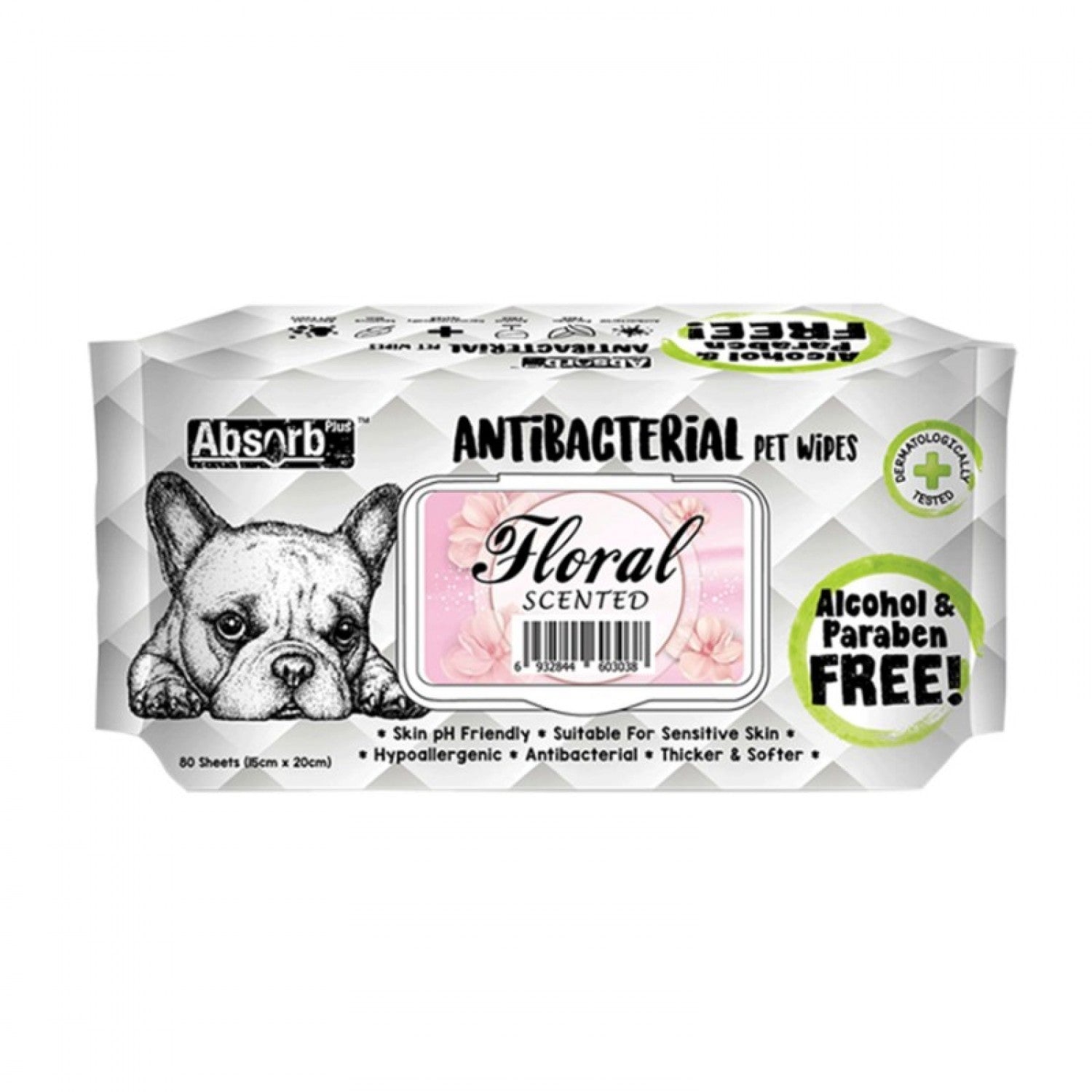 Absorb Plus Antibacterial Pet Wipes 80 Sheets 20 X 15cm Floral Scent