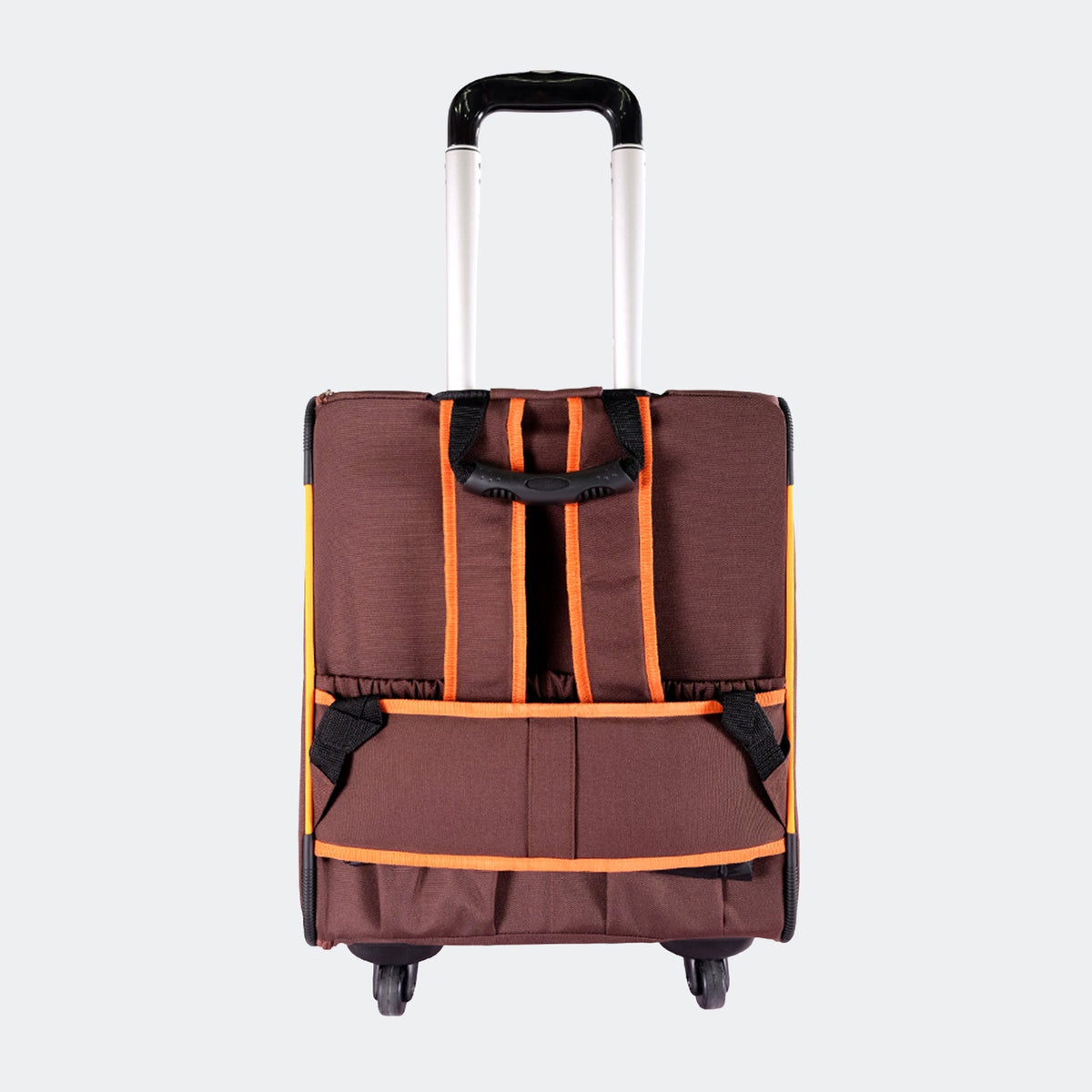 Ibiyaya wheeled backpack pet trolley seen from the rear quarter with the telescopic handle up