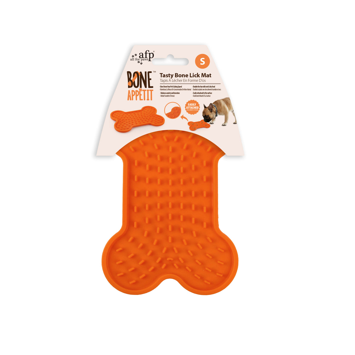 All for Paws AFP Bone Appetit Tasty Bone lick mat in orange, small, on its header card