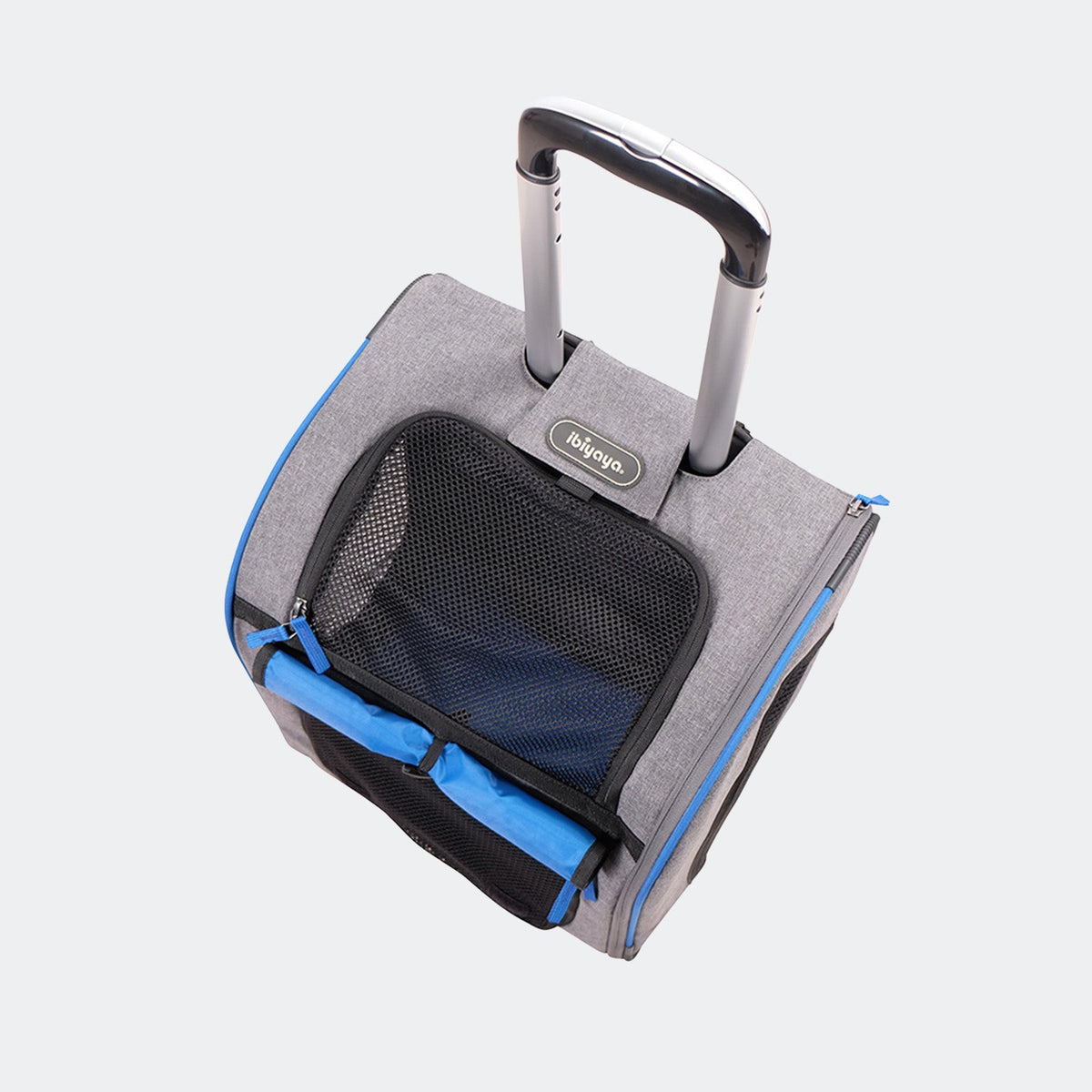 Slate and sapphire Ibiyaya wheeled pet trolley at an angle with the telescopic handle extended