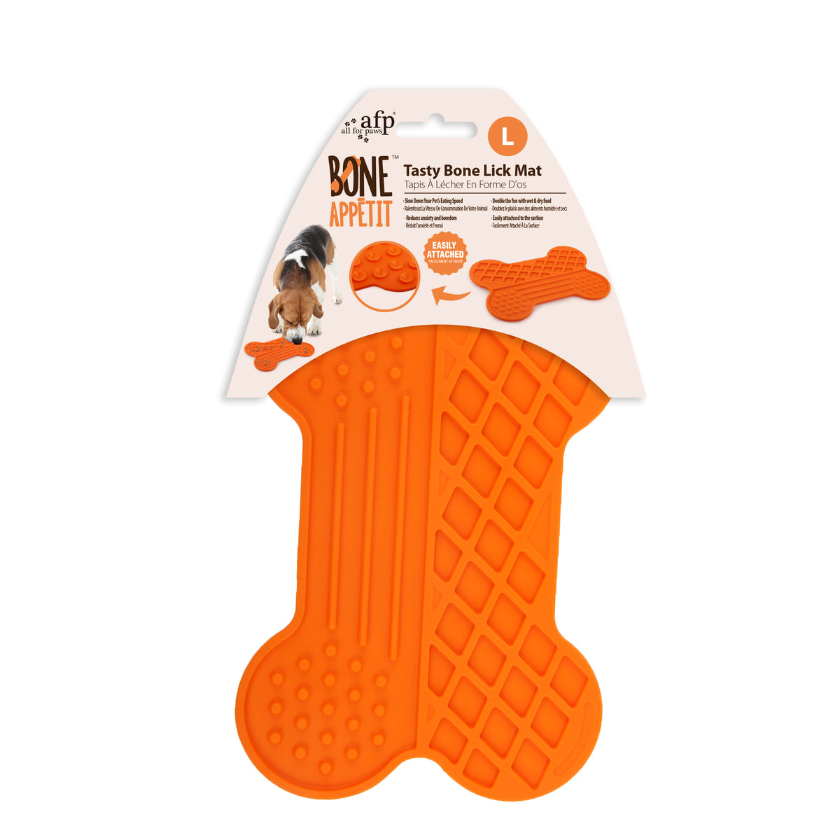 All for Paws AFP Bone Appetit Tasty Bone lick mat in orange, large, on its header card