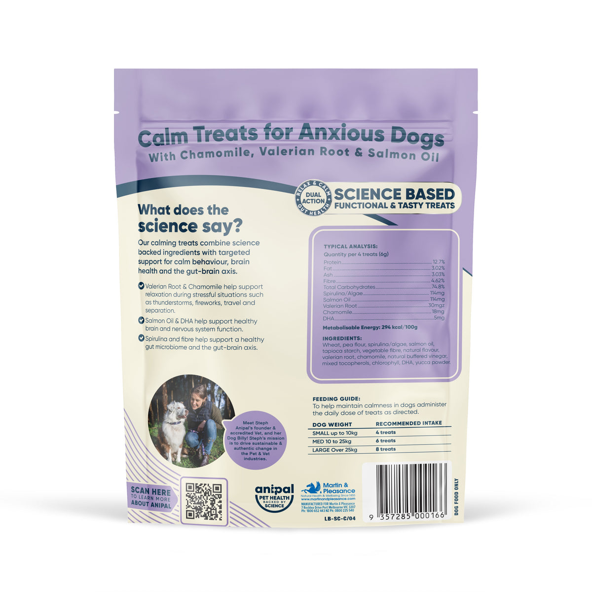 Anipal Calm Treats for Anxious Dogs 130g – back of pouch with ingredients and feeding guide