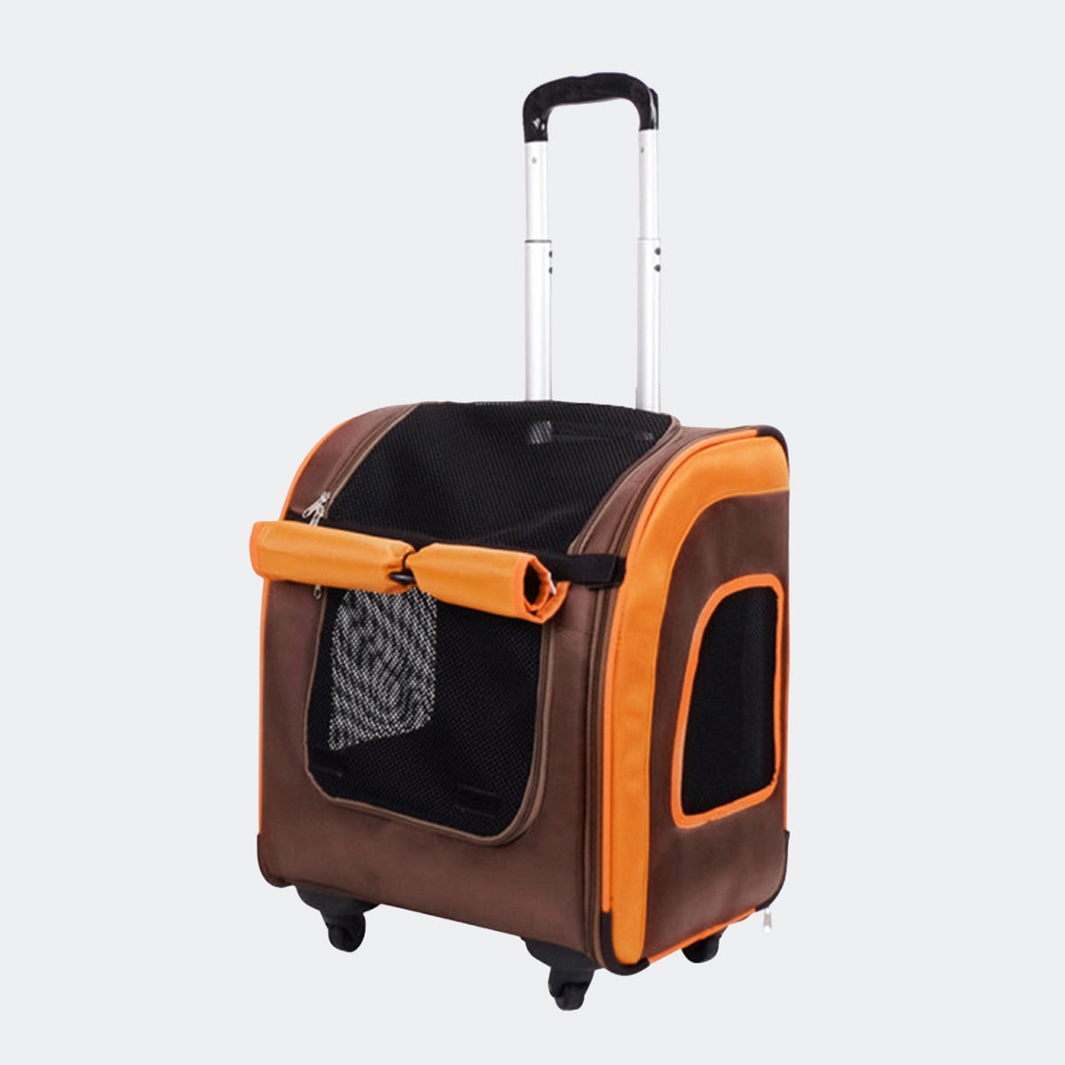Ibiyaya wheeled backpack pet trolley in brown and orange, front quarter view with the handle up