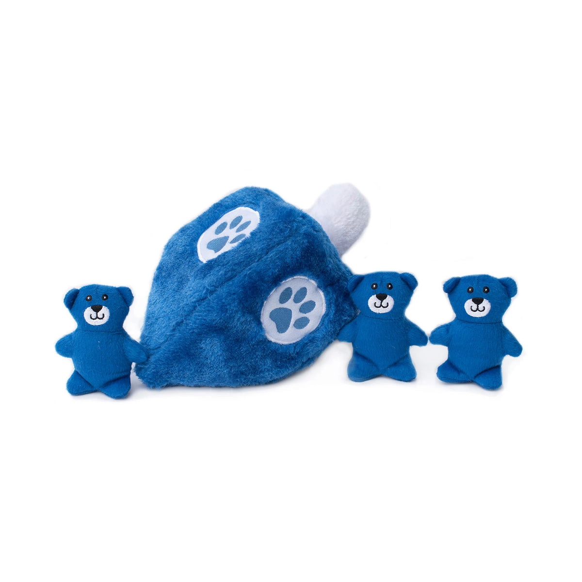 Zippy Paws Burrow Hanukkah dreidel dog toy with its squeaky bears beside it