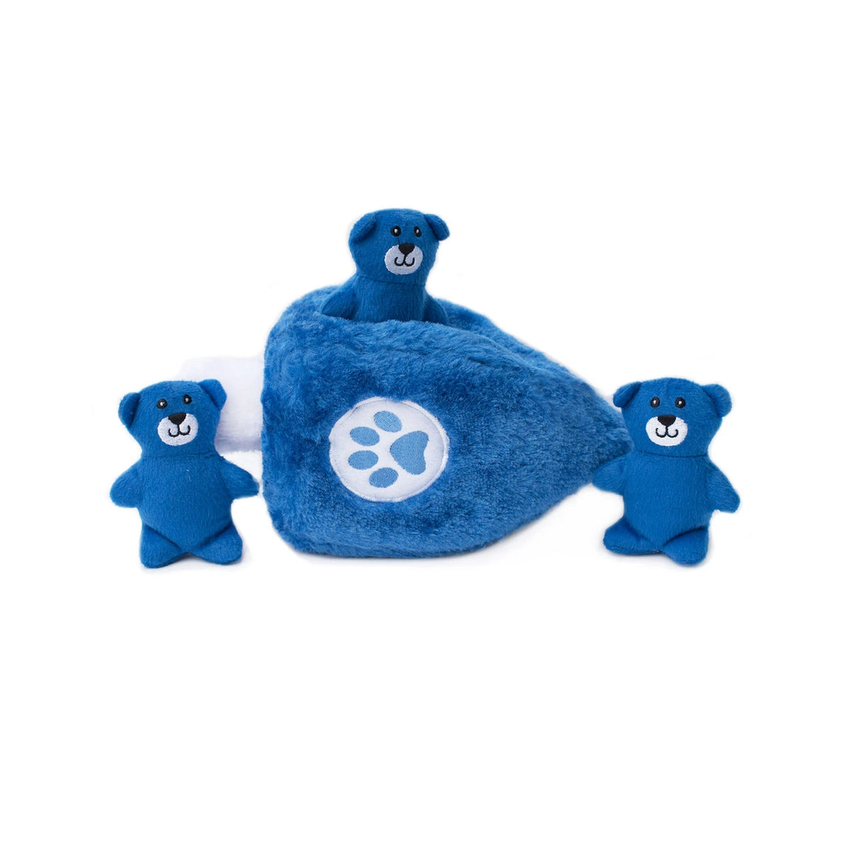 Zippy Paws Burrow plush dog toy: a blue Hanukkah dreidel with squeaky bears