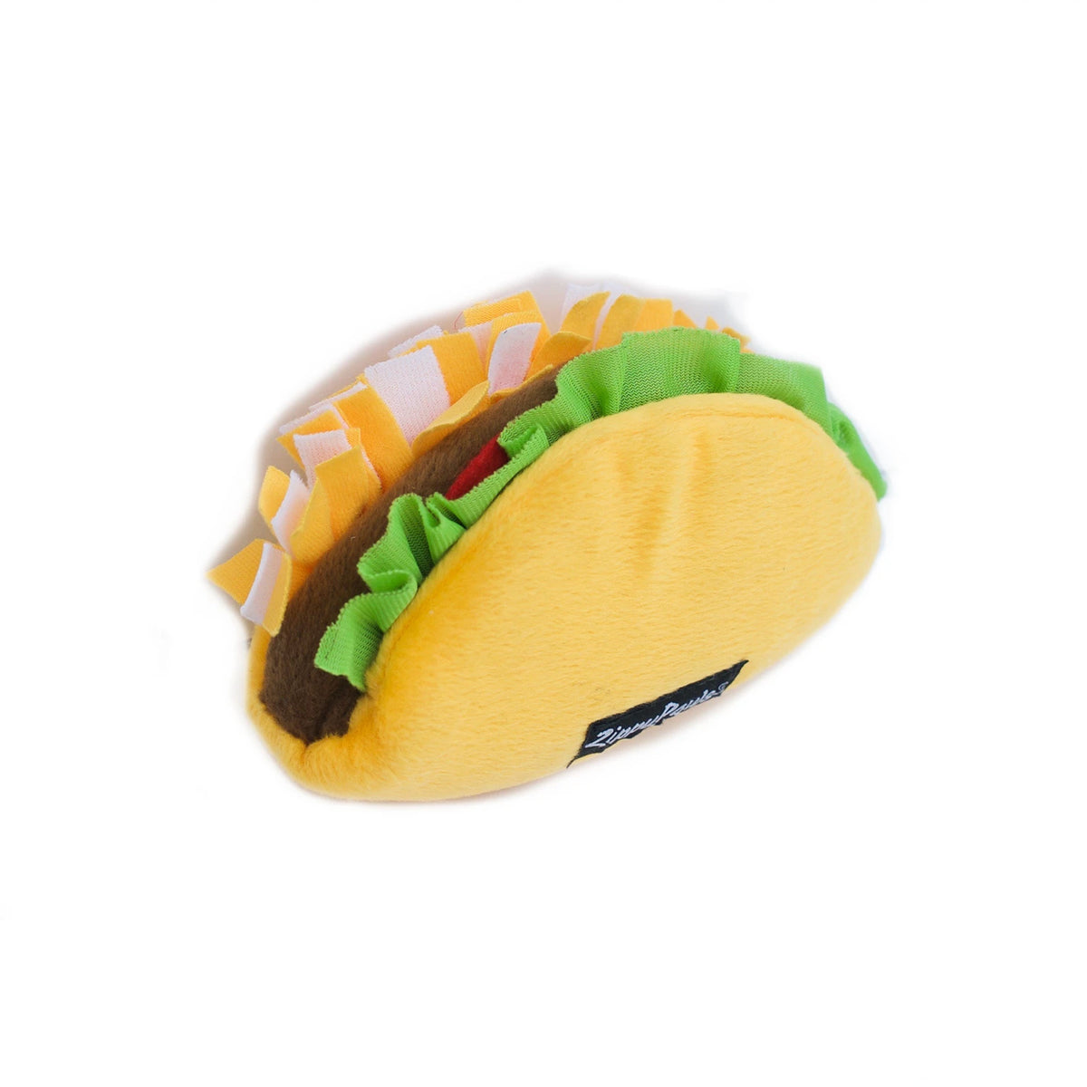Zippy Paws NomNomz plush taco dog toy seen from the other side, on a white background