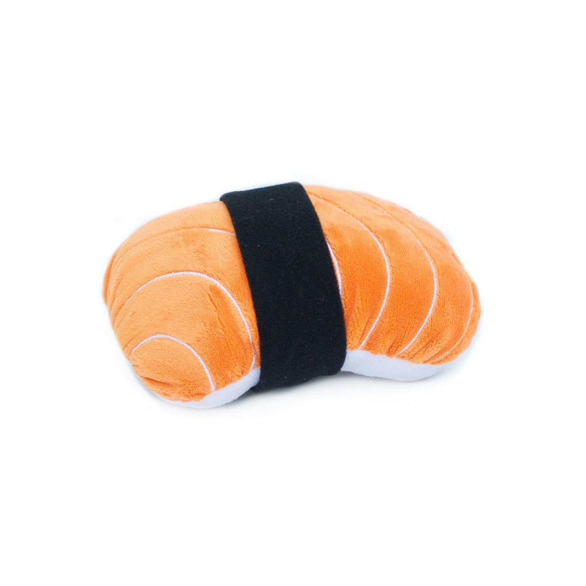 Zippy Paws NomNomz plush salmon nigiri dog toy seen from another angle, on white