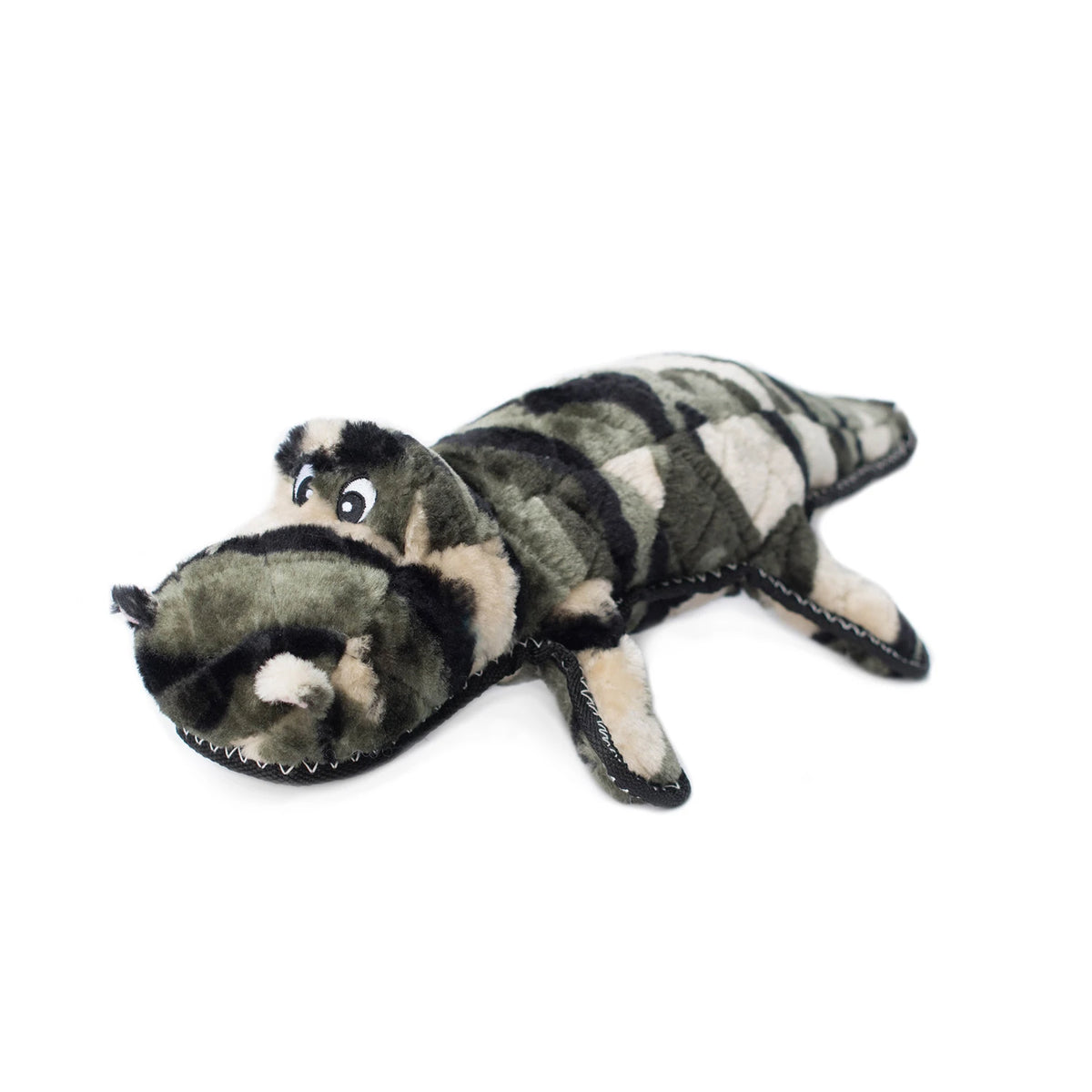 Zippy Paws Grunterz Z-Stitch plush dog toy: Cameron the camo gator, on white
