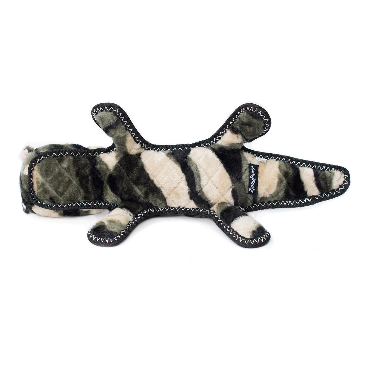 Zippy Paws Grunterz camo gator plush dog toy seen flat from above, on white