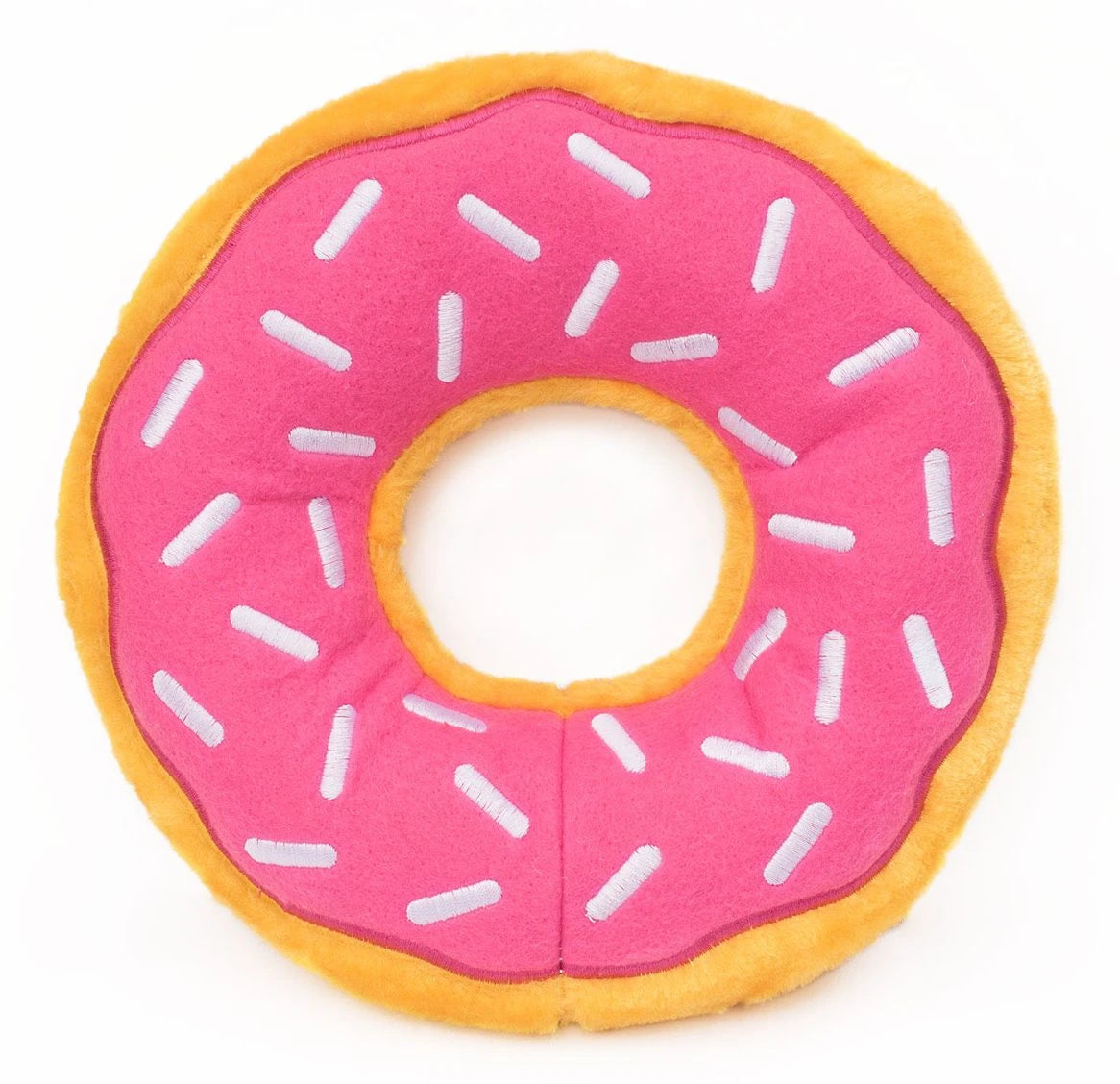 Zippy Paws Donutz Jumbo plush dog toy with strawberry icing and white sprinkles, on white