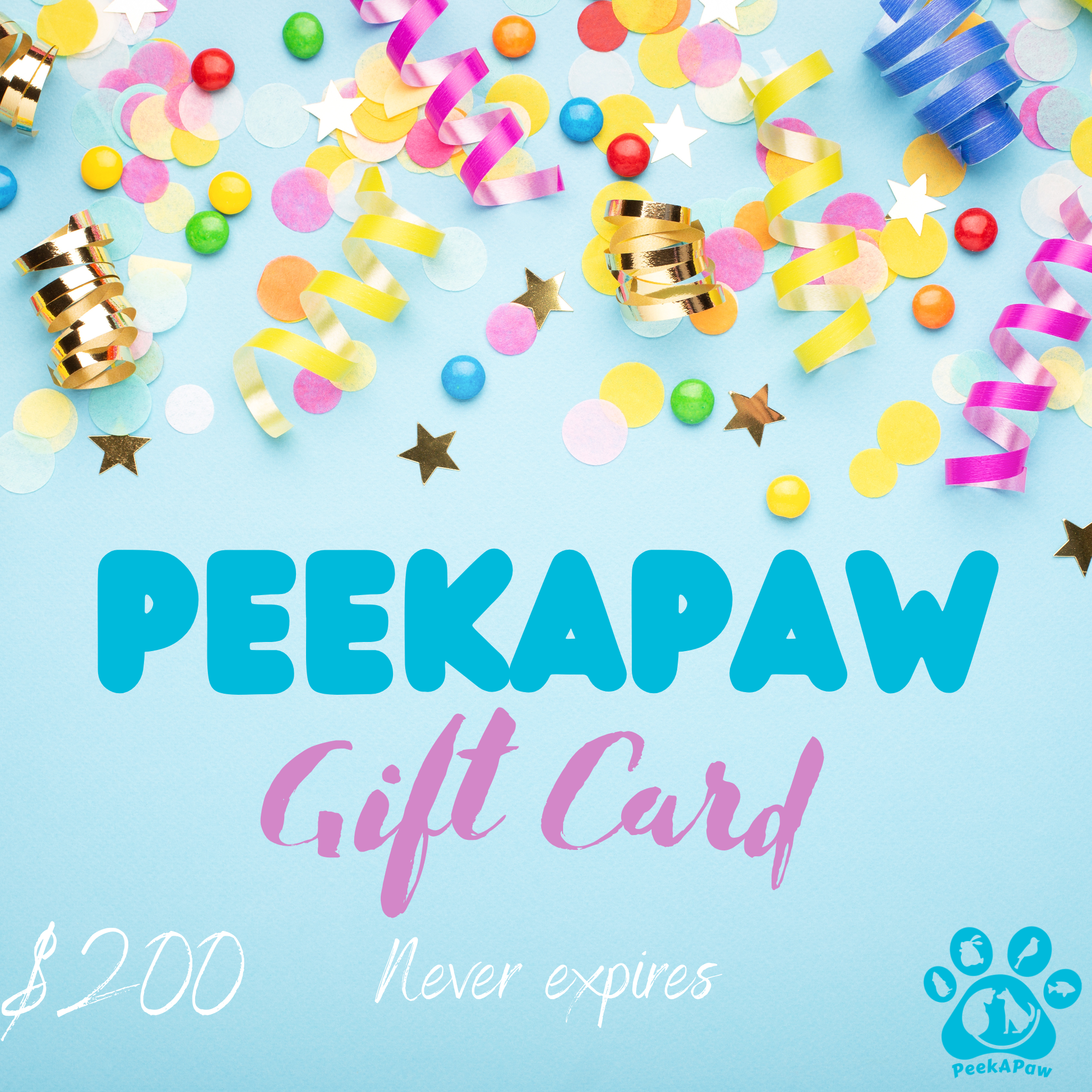 PeekAPaw $200 e-gift card with colourful confetti and ribbons