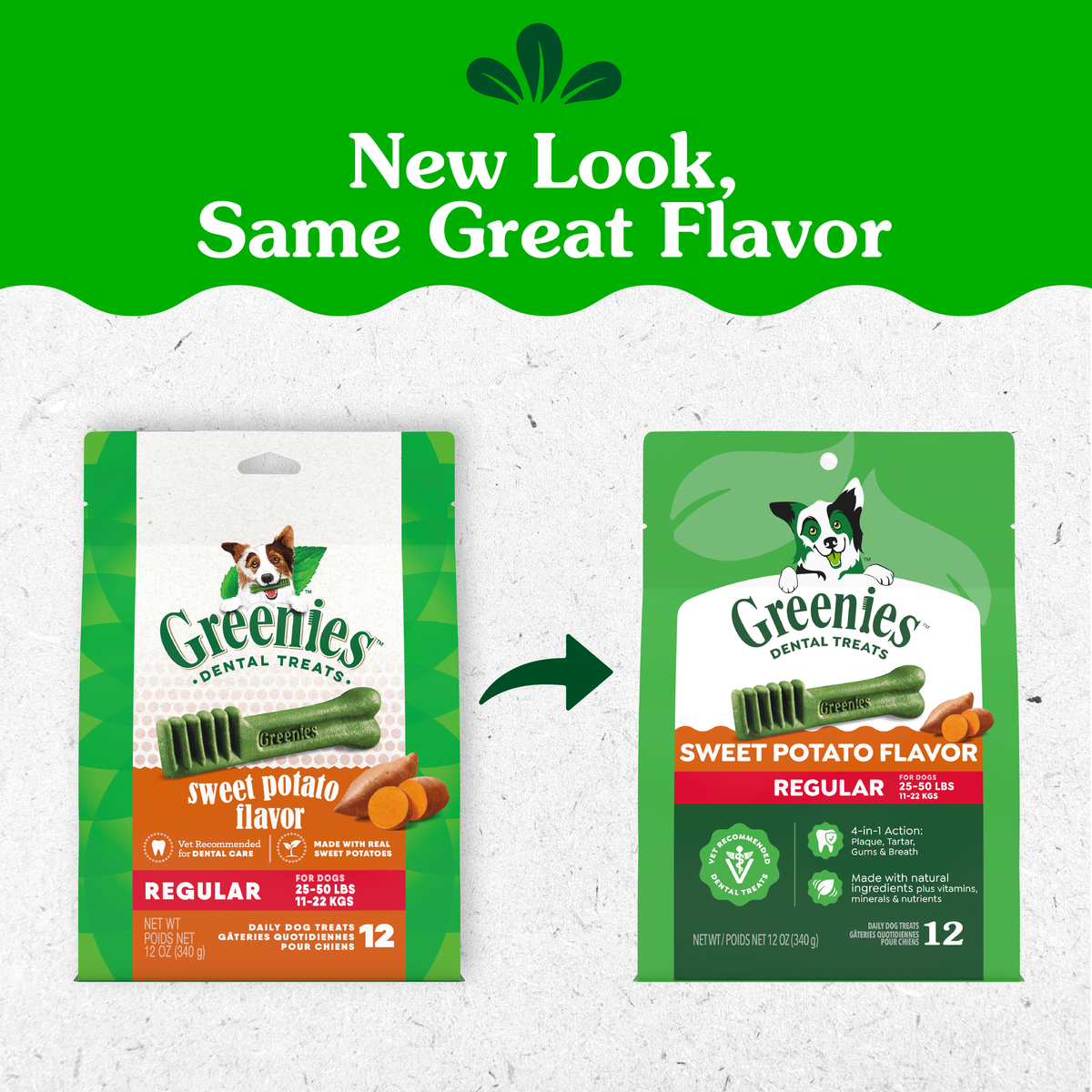 GREENIES packaging update: old and new Sweet Potato Flavour Regular packs side by side