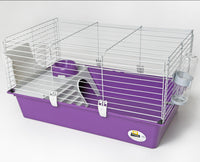 Ferplast Cavie 80 guinea pig cage in the purple colourway, empty, with hideout, bowl and water bottle
