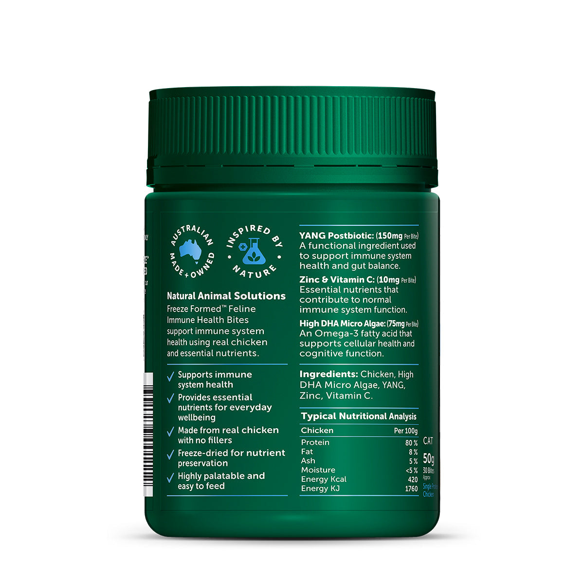 Natural Animal Solutions Freeze Formed Cat Immune Health Bites — ingredients panel, 50g pouch