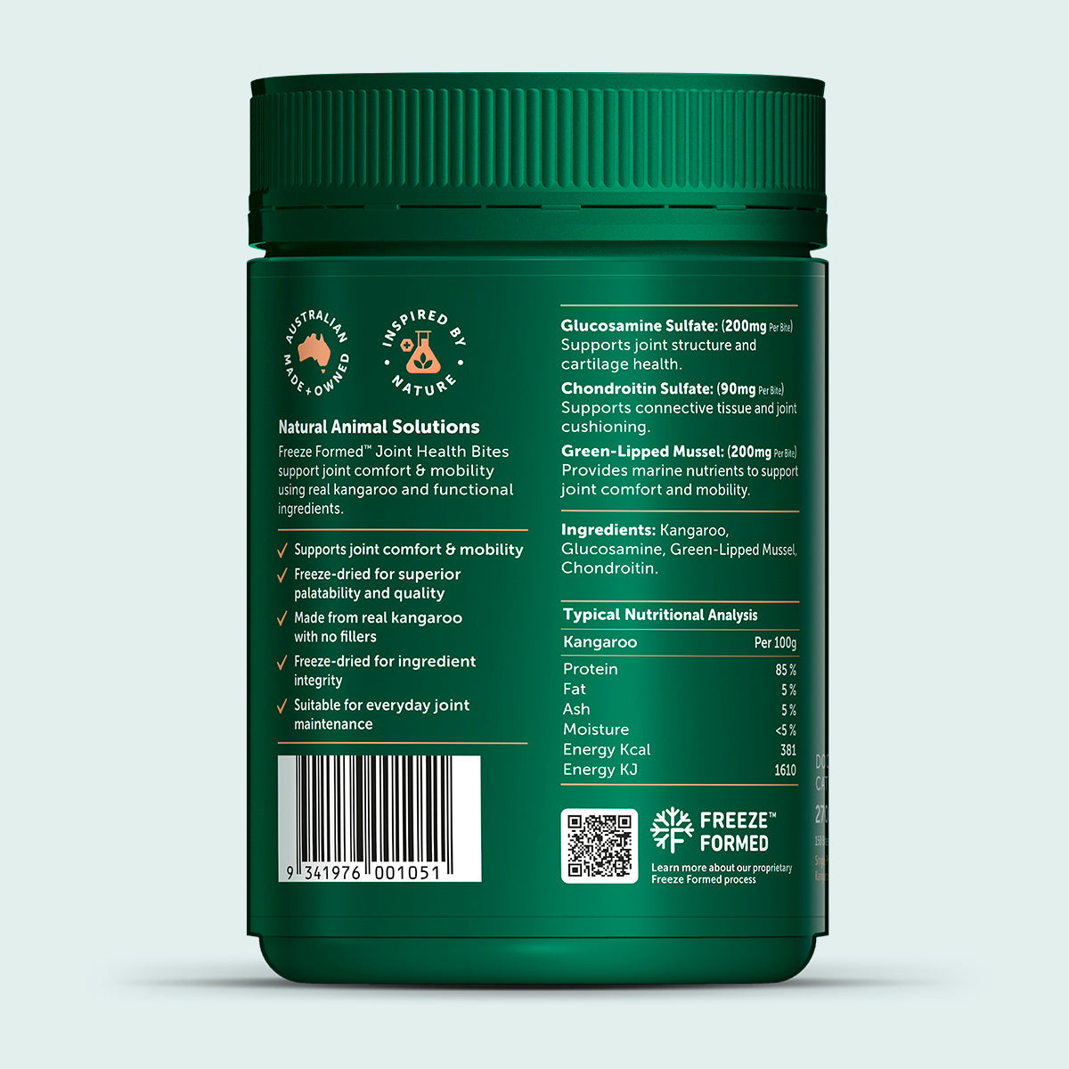 Natural Animal Solutions Freeze Formed Joint Health Bites — ingredients panel, 270g pouch