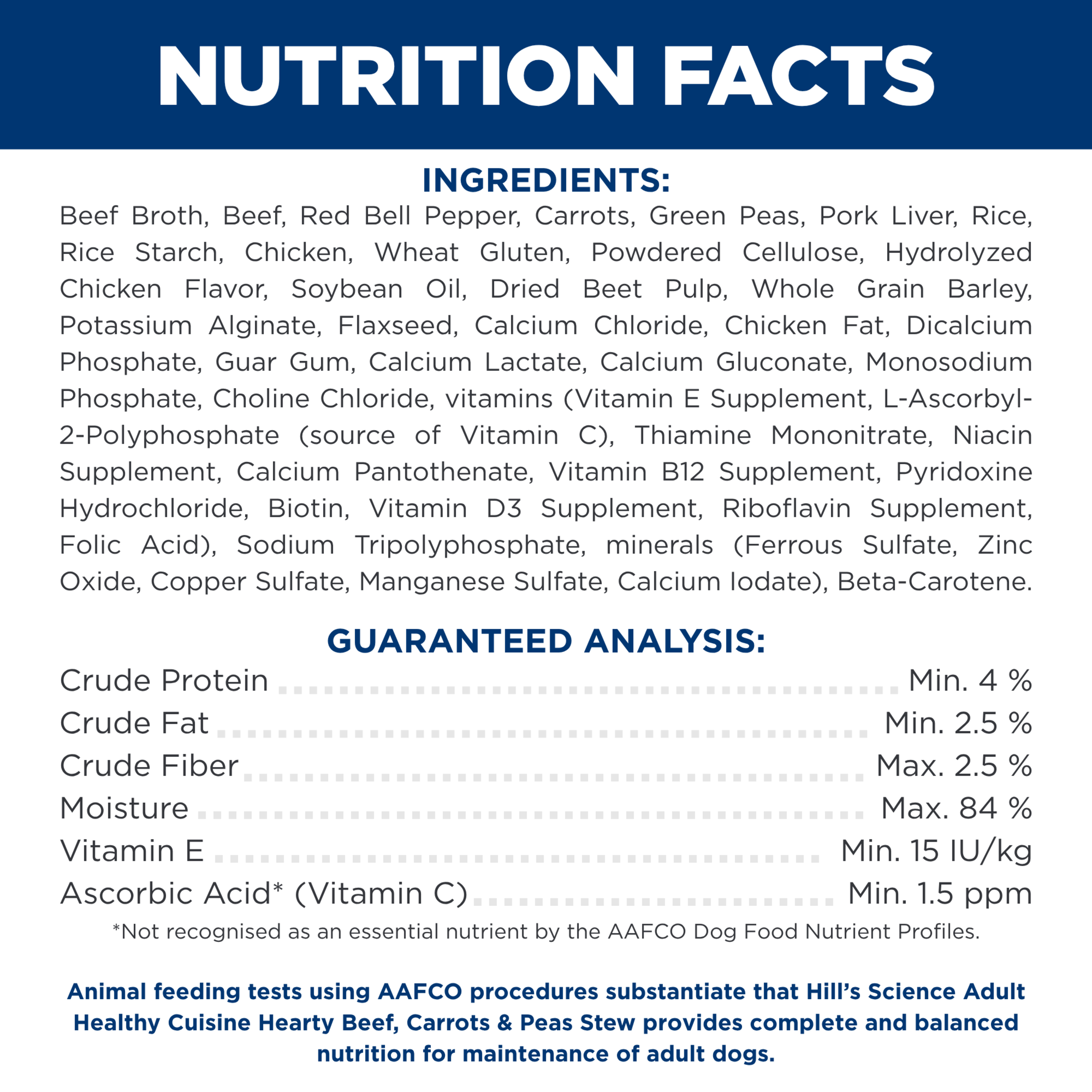Ingredients and guaranteed analysis panel for Hill's Adult Healthy Cuisine beef stew dog food