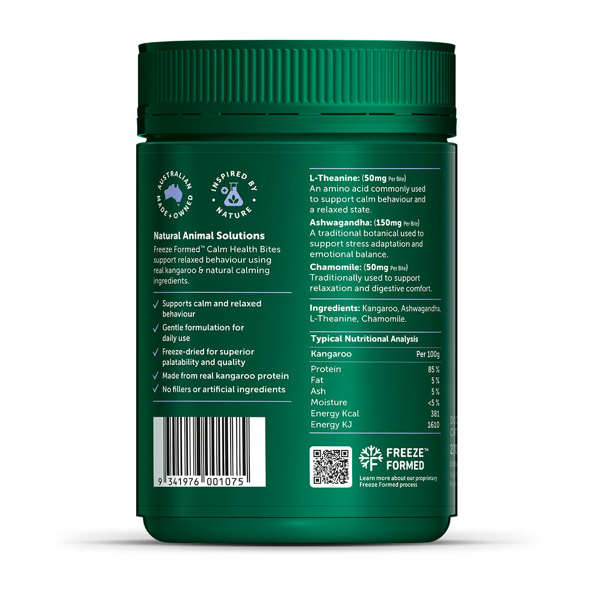 Natural Animal Solutions Freeze Formed Calm Health Bites — ingredients panel, 270g pouch