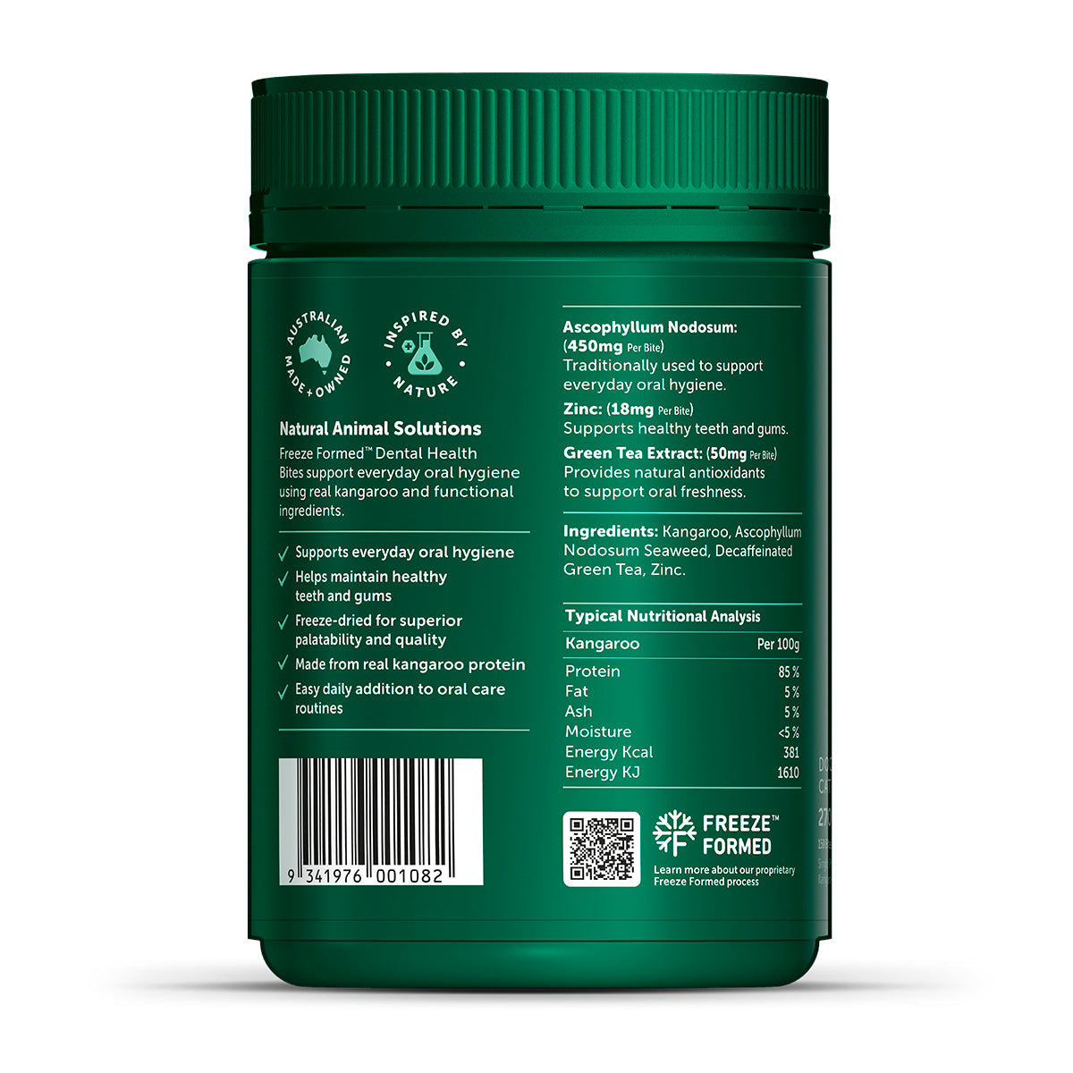 Natural Animal Solutions Freeze Formed Dental Health Bites — ingredients panel, 150g pouch