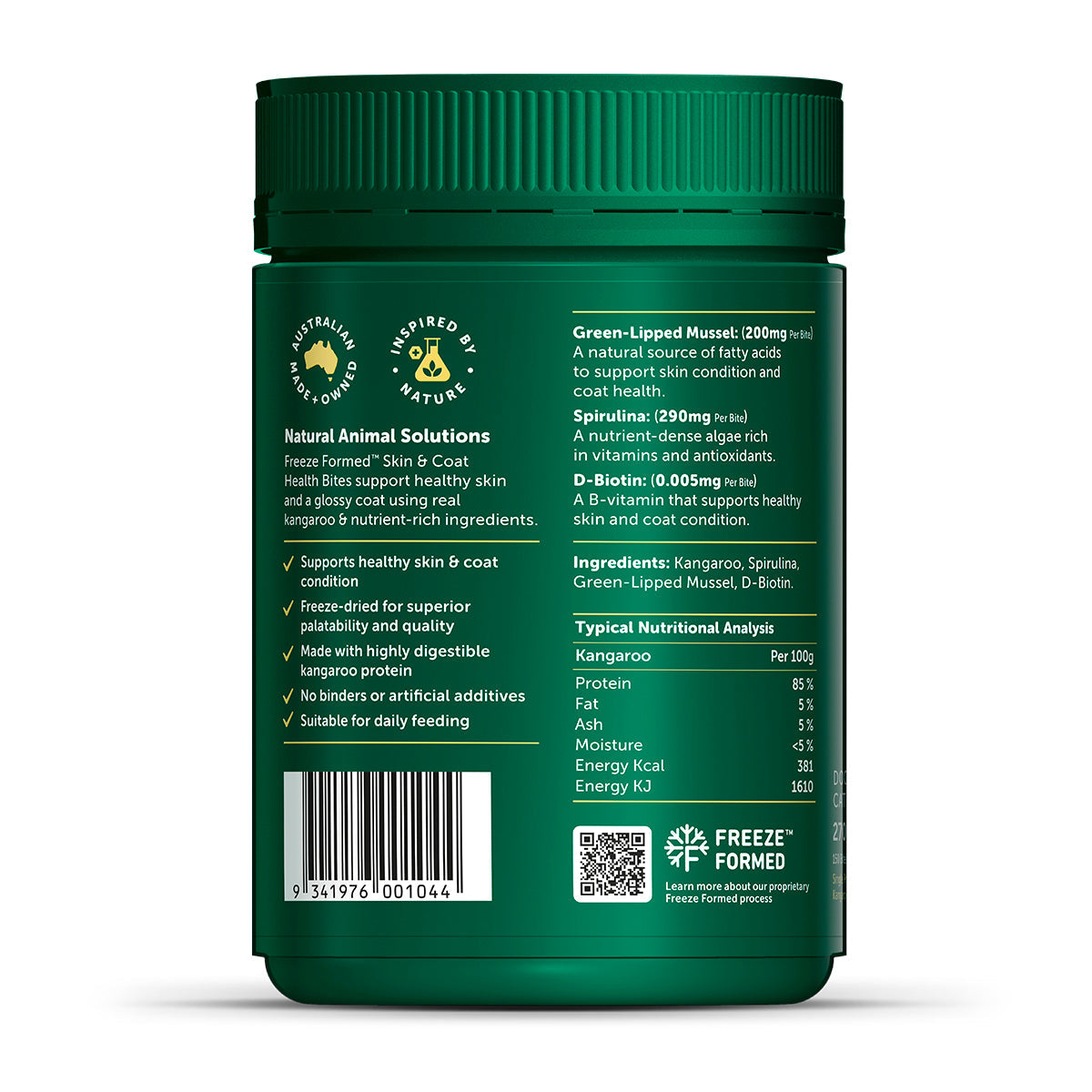Natural Animal Solutions Freeze Formed Skin & Coat Health Bites — ingredients panel, 270g pouch