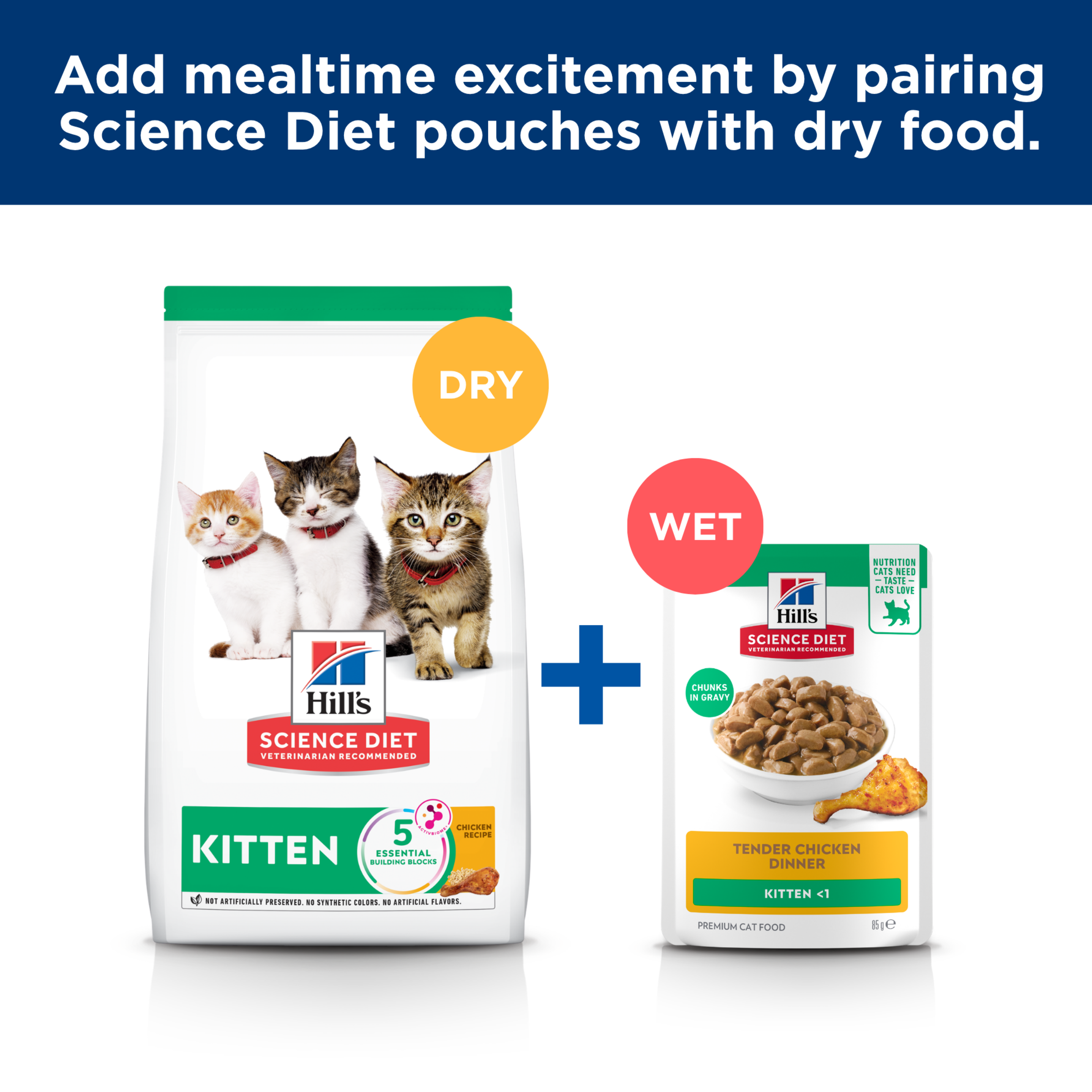 Pair Hill's Science Diet kitten pouches with dry food: the kitten bag beside the pouch box