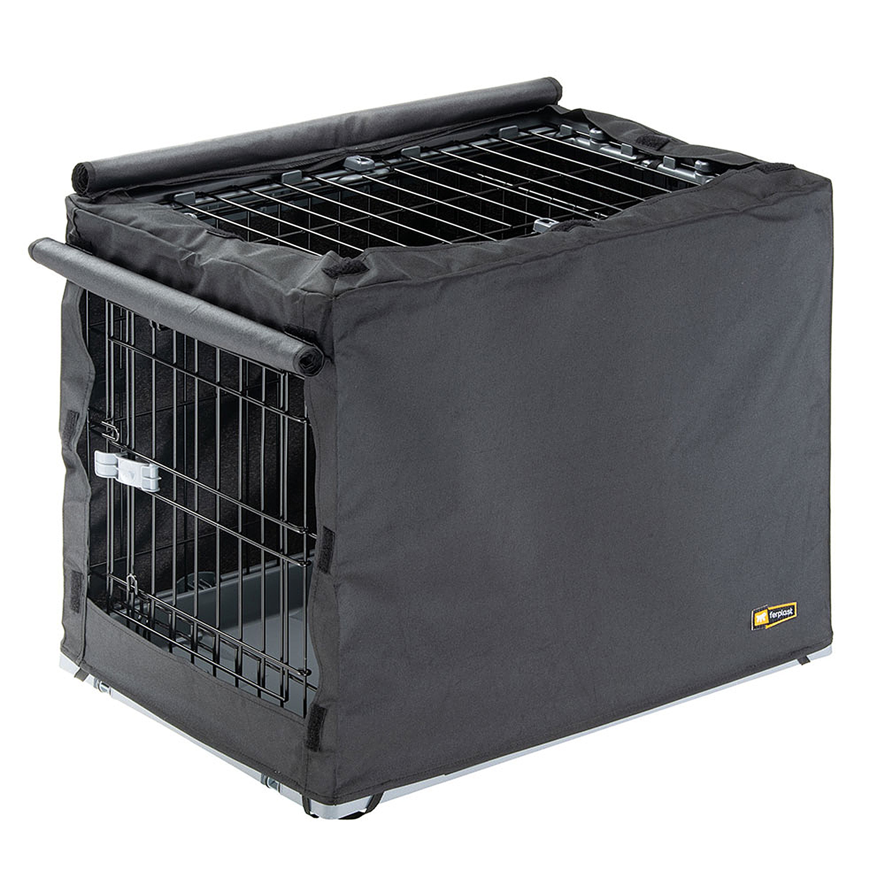 Ferplast Superior dog crate cover fitted to a Superior folding crate with the door-side window rolled up | PeekAPaw Pet Supplies
