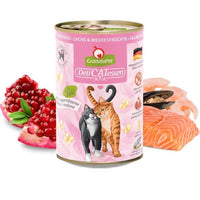 GranataPet DeliCatessen Salmon & Seafood tin in pink livery, with a raw salmon fillet, prawns and a mussel